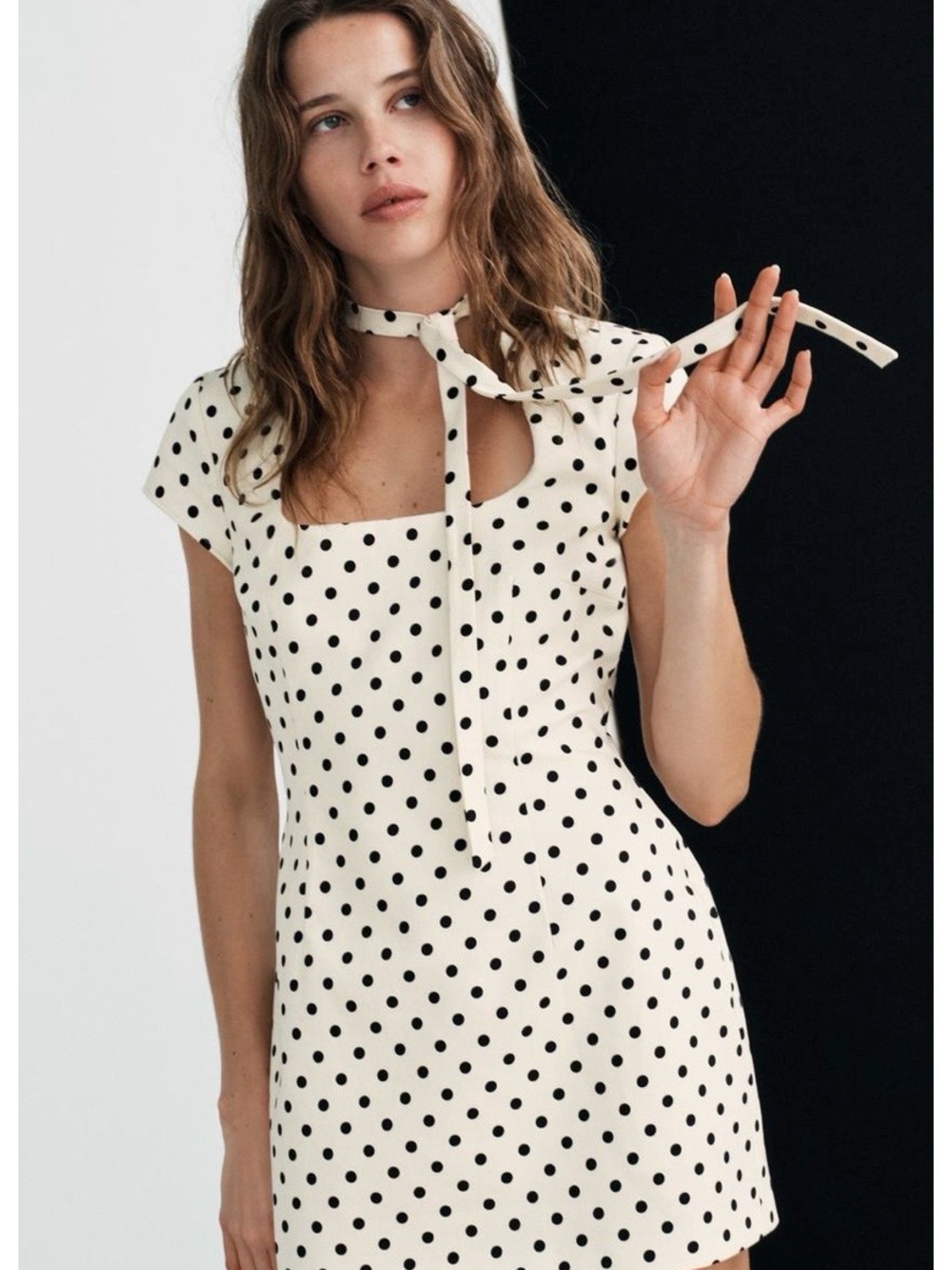 Zara Polka Dot Tie-Neck Mini Dress in Cream and Black